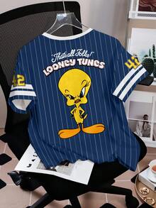 LOONEY TUNES X SHEIN 女士条纹卡通图案休闲圆领短袖T恤 - 白色 - 查看 2