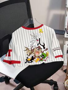 LOONEY TUNES X SHEIN 女士条纹短袖露脐T恤 - 白色 - 查看 2