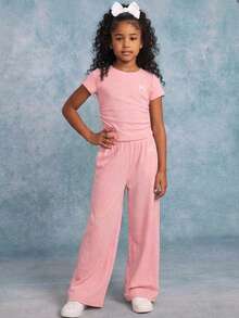 Emery Rose Kids Kids Tween Girl Bow Print Short Sleeve T-Shirt And Pants Casual Set School Pink Summer - Pink - View 3
