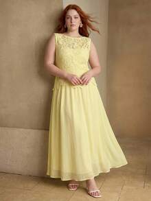 MOTF PREMIUM PLUS SIZE CONTRAST GUIPURE LACE SLEEVELESS DRESS - Yellow - View 3