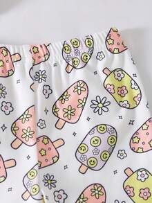 1 Set Girls Ice Cream And Floral Print Fitted Pajamas, Short Sleeve Top And Shorts, Spring/Summer Style - White - View 6