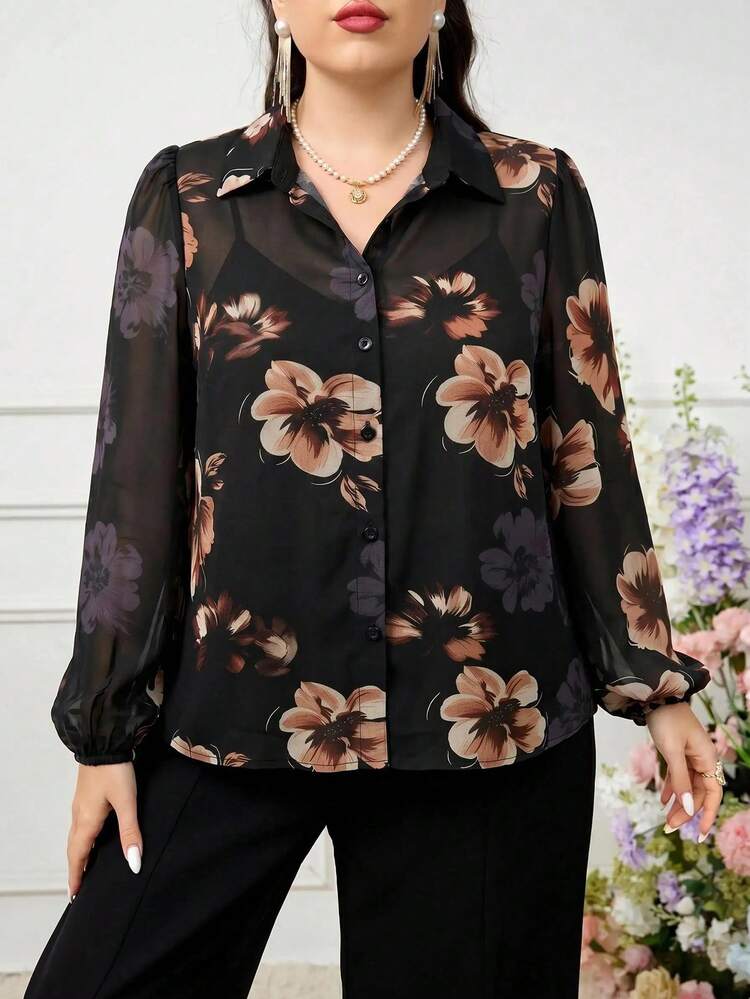 Modelyn Plus Size Women's Fashion Floral Print Single Breasted Long Sleeve Shirt Fall - Multicolor - View 8