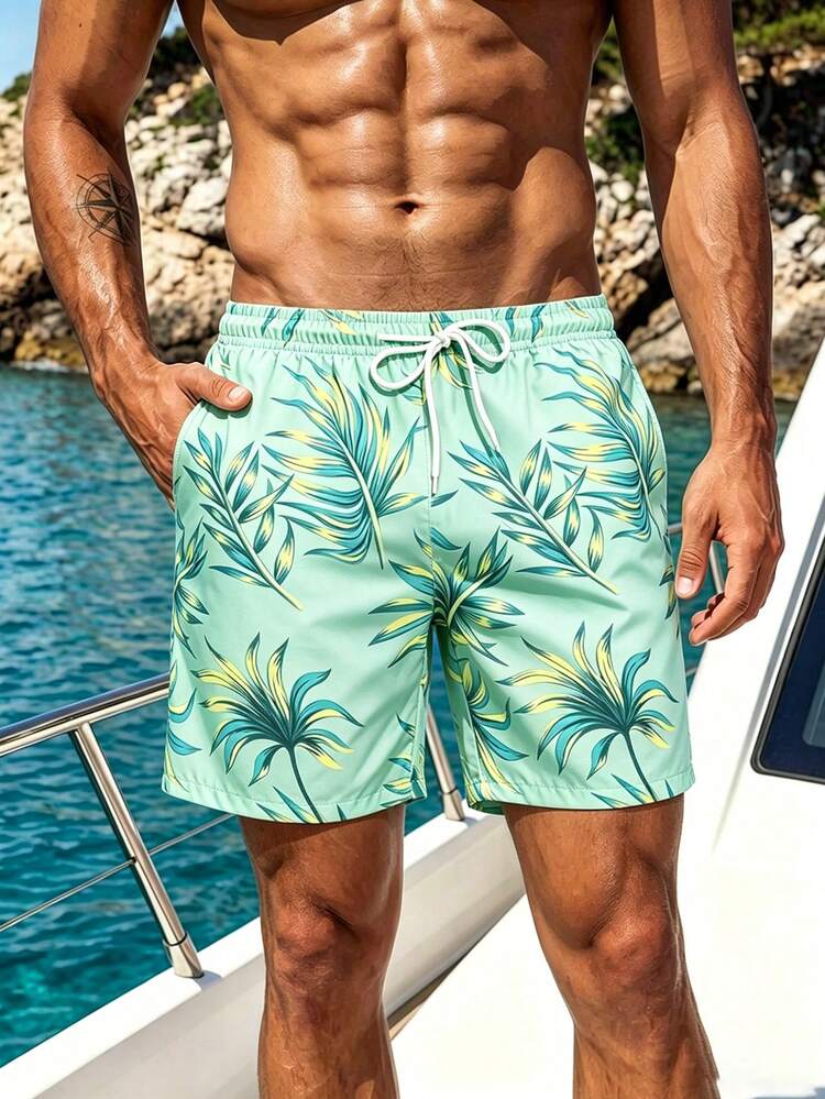 Surfspeed Pantalones cortos de playa para hombre talla grande con estampado de plantas tropicales y cintura con cordón - verde menta - Añade 4