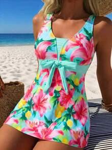 Swim Lushoire Women's Summer Casual Vacation Beach Party Print Round Cup Thick Strap Bikini Two Pieces Beachwear Swimsuit Set - Multicolor - View 1