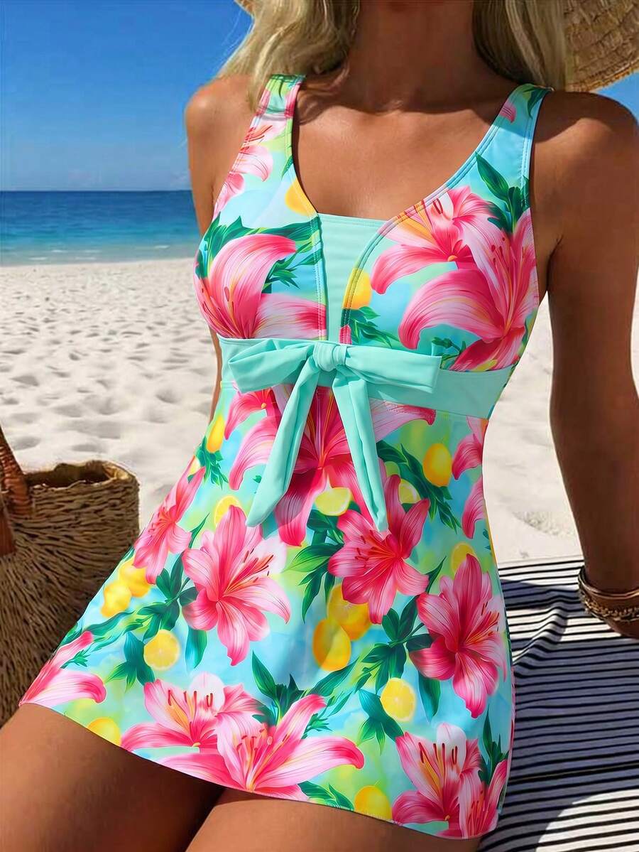 Swim Lushoire Women's Summer Casual Vacation Beach Party Print Round Cup Thick Strap Bikini Two Pieces Beachwear Swimsuit Set - Multicolor - View 1