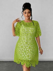Maweii Robe élégante à manches courtes, col rond, couleur unie et ajourée, grande taille - Jaune moutarde - Voir 3