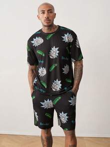 Rick and Morty X SHEIN 男士字母卡通印花短袖上衣與短褲休閒日常居家服套裝 - 黑色 - 查看 3