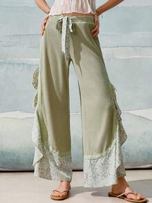 SoleilVie Women's Ditsy Floral Ruffle Hem Long Pants - Green - View 5
