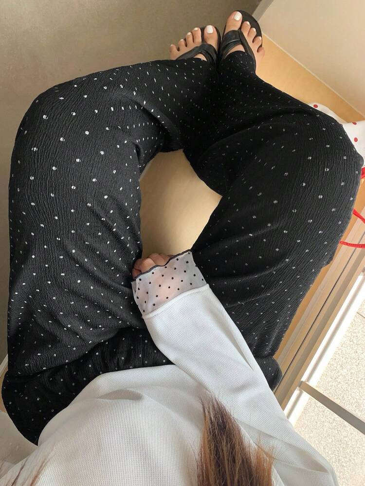 Dazy Plus Fashion Polka Dot Loose Elastic Waist Straight Leg Pants Fun Commute Plus Size Women Spring Summer Autumn All Seasons Black Pants - Black - View 6