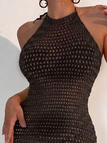 Swim Vcay Vacation Beach Solid Color Backless Halter Neck Hollow Knit Cover-Up Dress - Coffee Brown - View 6