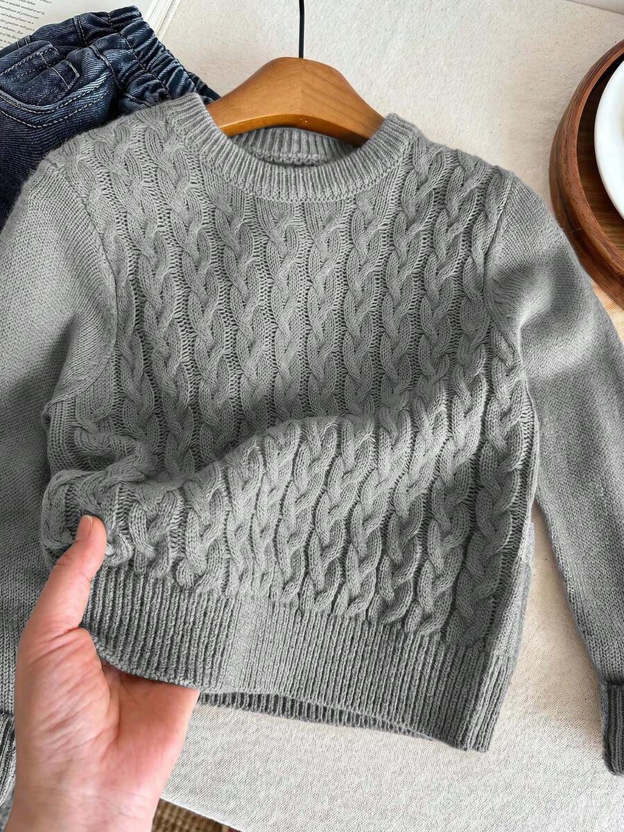 SHEIN LMoss Kids 兒童小男孩麻花編織圓領長袖休閒秋季毛衣 - 灰色 - 查看 1