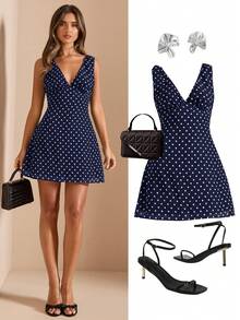 SHEIN BAE Frühling/Sommer einfarbiges schwarzes Polka-Dot-Muster V-Ausschnitt Spaghettiträger A-Linie figurbetontes Damen Minikleid, Urlaubskleid, Polka-Dot-Kleid - marineblau - Übersicht 8