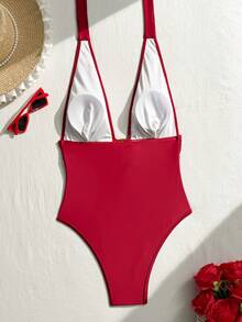 Bonvoyette Summer Beach Women's Vacation Solid Color Maillard One-Piece Swimsuit, Tummy Control Slimming High Cut Sexy One-Piece - Burgundy - View 2