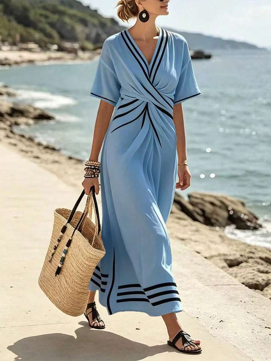 SHEIN Holidaya 女款V領短袖鬆緊腰A字洋裝 春夏優雅歐風熱帶休閒約會度假海灘下午茶淺藍色 - 藍色 - 查看 1