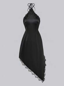 SHEIN PariChic 女款素色對比蕾絲時尚掛脖短洋裝 - 黑色 - 查看 5