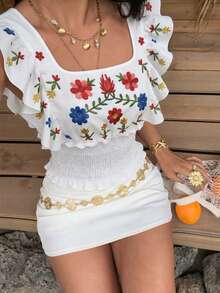 Flora Isola Flora Isola Women's Square Neck Ruffle Top, Fashionable Floral Print, Elastic Waist Design, Versatile For Daily Commute Vacation, Travel, Date, Summer White Boho - White - View 4