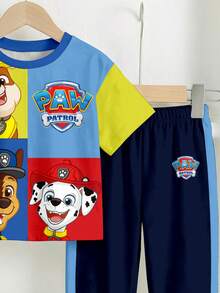SHEIN | PAW Patrol 小男孩休閒簡約寬鬆舒適IP聯名款經典可愛卡通動畫圖案印花經典撞色可愛小狗運動風圓領短袖T恤與長褲2件套 - 彩色 - 查看 4