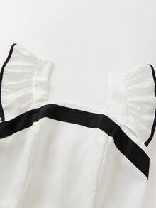SHEIN Franclia 女款黑白素色荷葉袖方領繫腰優雅休閒時尚百搭長洋裝，前側開衩附鈕扣金屬腰扣，2026新款對比配色夏秋女裝 - 黑與白 - 查看 5