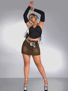 SHEIN ICON Plus Size Women's Pocket Button Casual Versatile Daily Travel Denim Skort - Brown - View 4