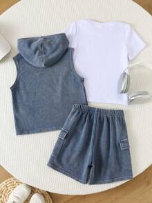 SHEIN Young Boy' New Casual Minimalist College Style Vacation Striped Shirt & Shorts 2-Piece Set, Suitable For Summer, Street Style, Daily Wear, Outings, Vacation, Spring & Summer Fashion, Summer Outfits Easy Comfort, Layers For Kids, Stylish Kids, Casual Wear, Kids' Sports College Digital Graphic T-Shirts, Back To School, Spring & Summer Clothes, Homecoming - Multicolor - View 10
