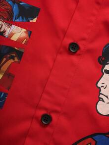 SUPERMAN X SHEIN Men's Letter Cartoon Pattern Single-Breasted Casual Versatile Daily Travel Short Sleeve Shirt - Red - View 6