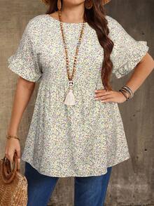 EMERY ROSE Plus Size Floral Print Round Neck Ruffle Hem Casual Boho Short Sleeve Shirt, Summer Vacation Beige - Yellow - View 3