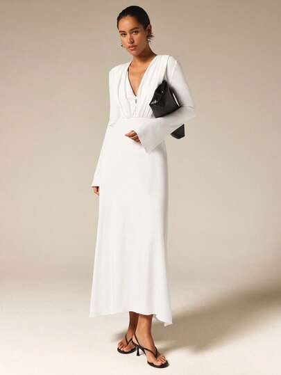COSMINA Women's Elegant Solid Color V-Neck Long Sleeve Dress