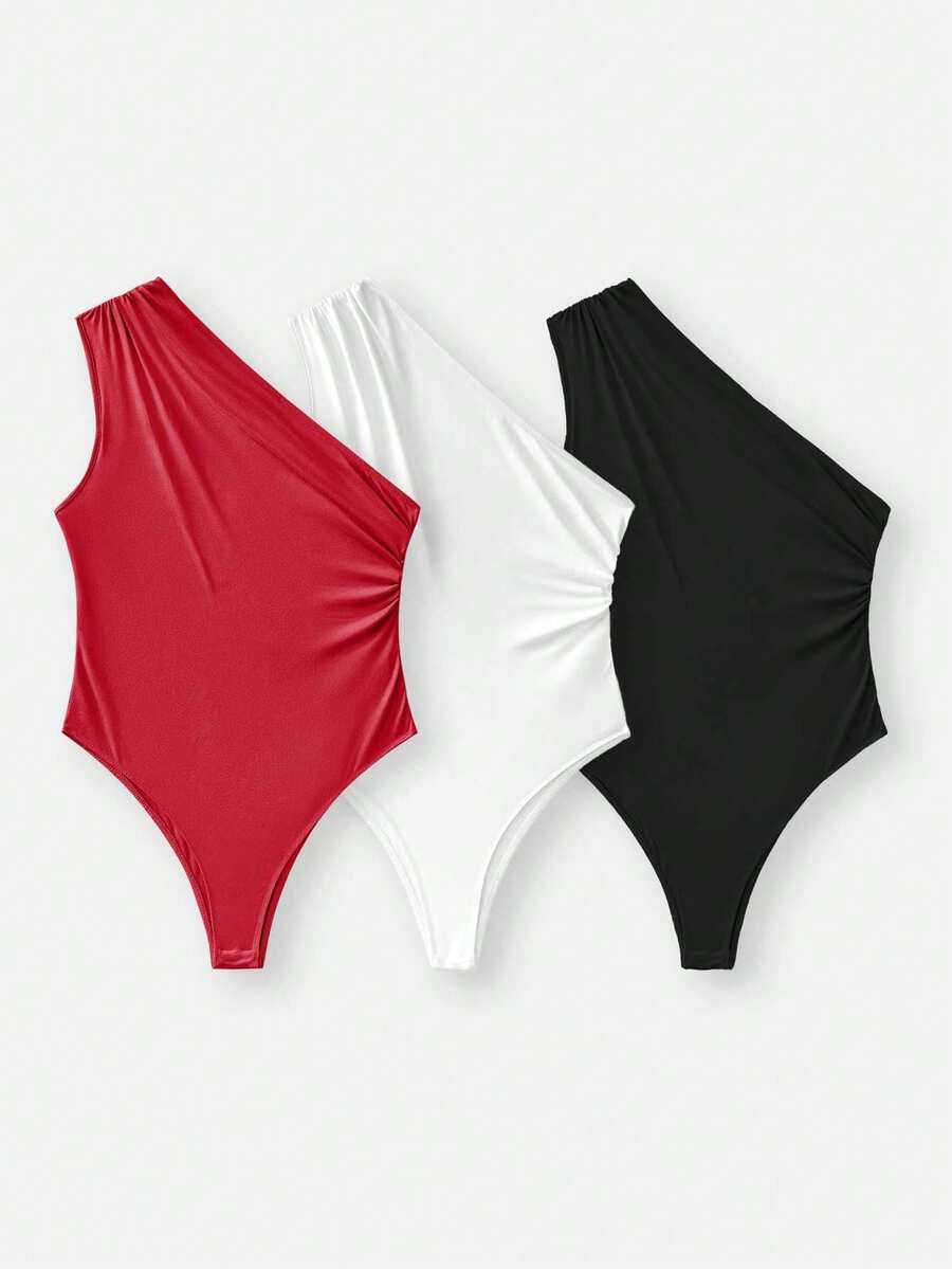 SHEIN BASICS 3件組女款休閒性感純色針織細肩帶連身衣,適合夜店、夜生活、夏季,紅色、白色、黑色 - 彩色 - 查看 1