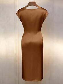 Franclia Plus Size Women's Dress, New V-Neck Short Sleeve Pleated Waist Belt Button Decor Side Slit Slim Fit Bodycon Satin Evening Gown, White Sequin Summer - Brown - View 2