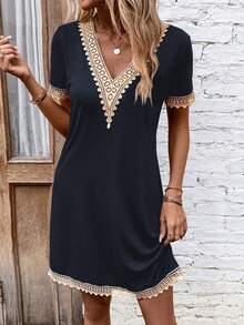 SHEIN PETITE 女款時尚V領復古刺繡蕾絲短袖休閒寬鬆黑色夏季波西米亞風繫帶度假洋裝，適合音樂節，適合嬌小女性 - 藏蓝色 - 查看 5