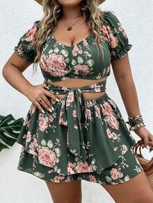 Vionelle Conjunto casual diário de 2 peças para mulher plus size com top plissado e saia-calça com estampado floral - Verde escuro - Ver 3