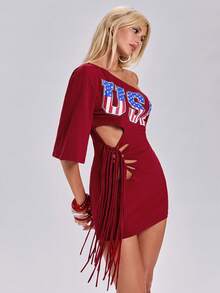 ACID BLVD Summer Vacation Y2K Hot Girl World Cup Sporty Style American Flag Print One Shoulder Burnout Tie Strap Mini Dress - Red - View 2