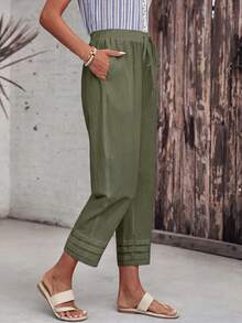 EMERY ROSE Pantalones largos holgados casuales con bolsillo y lazo en la cintura de unicolor para mujer - Verde Caza - Ver 5
