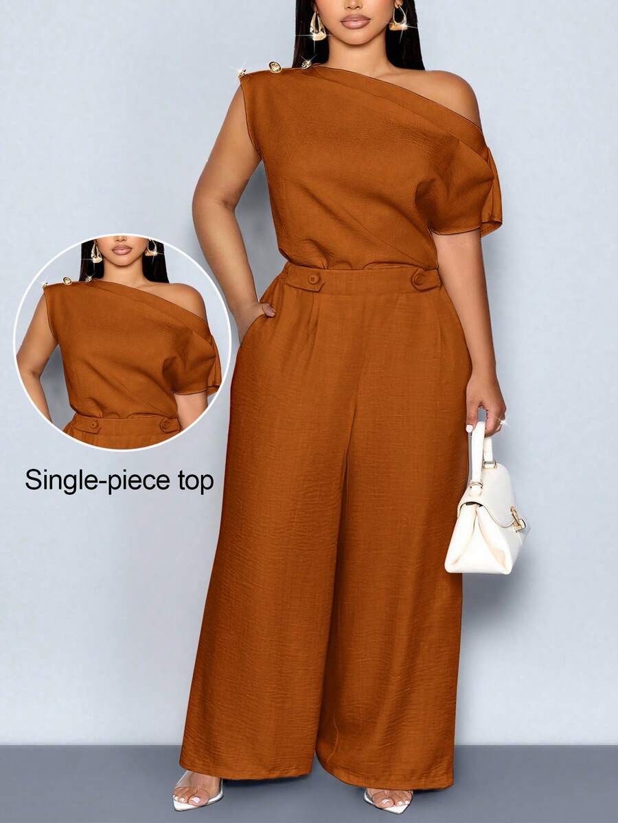 SOLERSUN Women's Plus Size Brown,Summer,Elegant,Wedding Ninang,Work Asymmetrical Collar Sleeveless Metal Button Solid Color One Shoulder Top Office Blouse - Rust Brown - View 1