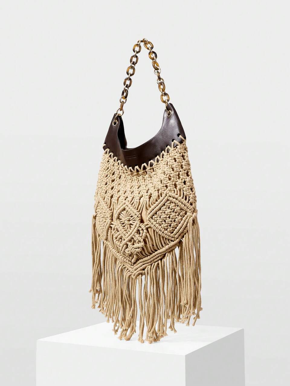 WOMEN'S FASHION KHAKI HANDBAG, EXQUISITE CHAIN, HAND-WOVEN FRINGED SHOULDER BAG, SUITABLE FOR VACATION, TRAVEL, BEACH, SEASIDE, BOHEMIAN