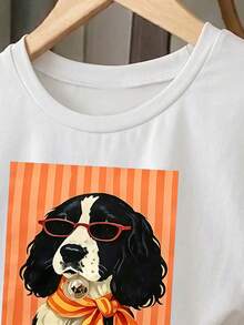 女童休閒舒適時尚眼鏡邊境牧羊犬幼犬印花短袖上衣 + 橘色條紋短褲，適合夏季日常穿著、日常穿搭、度假，舒適放鬆，休閒風格，適合青少年的夏季上衣 - 彩色 - 查看 4