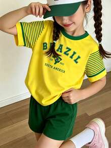 女童高級極簡巴西國旗袖綠色細條紋印花基本款短袖T恤，舒適休閒日常穿搭 - 彩色 - 查看 3