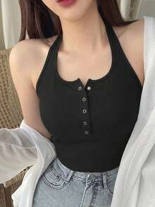 DAZY 女款夏季休閒百搭純色露背掛脖上衣 - 黑色 - 查看 1