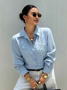Dazy Plus Loose Casual Patchwork Embroidered Floral Pattern Elegant Fun Commute Spring Summer Autumn New Long Sleeve Blue Shirt - Blue - View 2