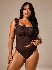 Auralis Damen-Tankini-Badeanzug-Set in Plus Size für Strand, Cocktail und Urlaub, mit Bindung vorne und Raffung, elegant, dezent und sexy, Sommer, Braun - Braun - Übersicht 4