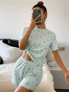Livesso Sweet Floral Short Sleeve T-Shirt And Short Pajama Pants 2pcs Set Summer Outfit Women's Pajama Set - Olive Green - View 6
