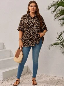 EMERY ROSE Women's Plus Size Loose Short Sleeve Casual Open Front Shirt With Retro Leopard Print, Suitable For Spring And Summer - Multicolor - View 3
