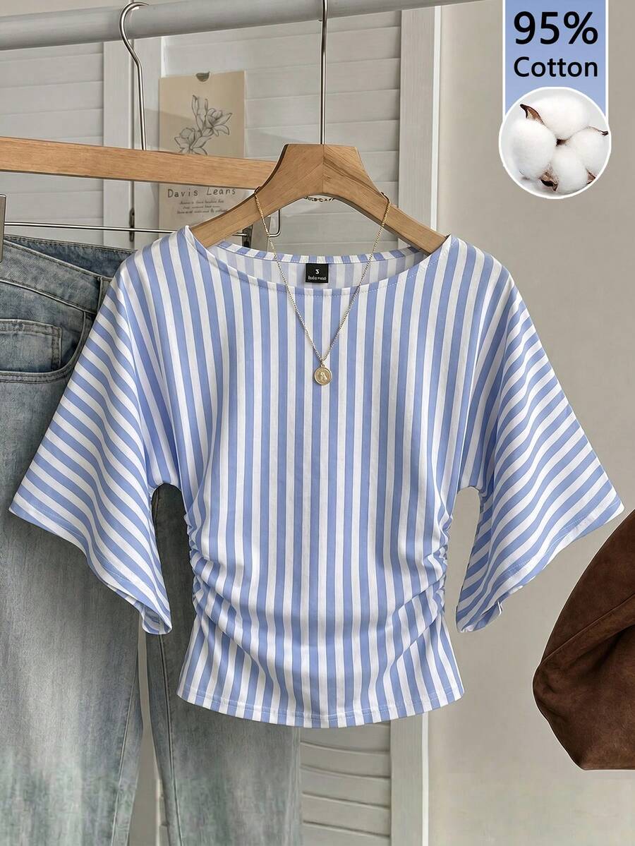 SHEIN EZwear 女款 95% 棉藍白條紋針織蝙蝠袖短版 T-shirt;西部節慶;春夏海灘;Isla - 彩色 - 查看 1