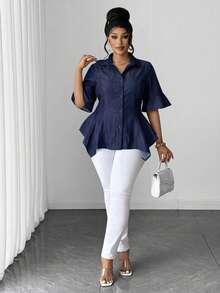 Maweii Spring/Summer Lapel Ruffle Waist Cinched Asymmetrical Hem Minimalist Casual Vacation Elegant Fashion Niche Design Daily Wear Date Wear Premium Feel New Essential Elegant Exquisite French Style Plus Size Women's Blouse - Navy Blue - View 4
