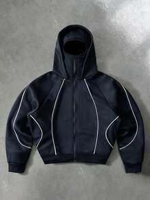 PAVTROS Men's Young Streetwear Striped Colorblock Double Layer Hooded Zip-Up Sweatshirt - Navy Blue - View 3