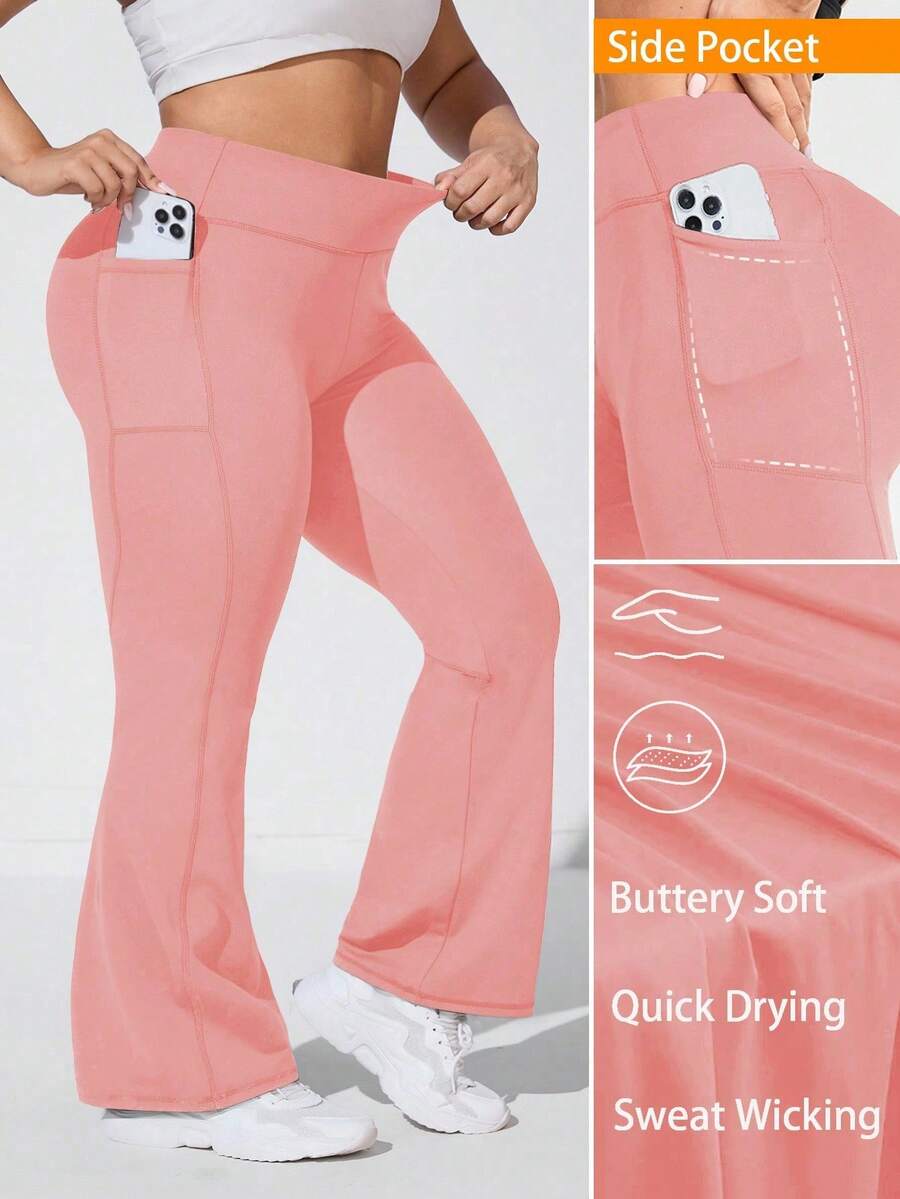 SHEIN Rhythm Era Plus Size Women High Waist Tummy Control Flared Workout Pants With Side Pockets, All Season Yoga Jogger Pants For Commute Running Gym - Pink - View 1
