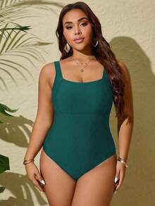 Swim Lushoire Plus Size Solid Color One-Piece Camisole Swimsuit - Teal Blue - View 3
