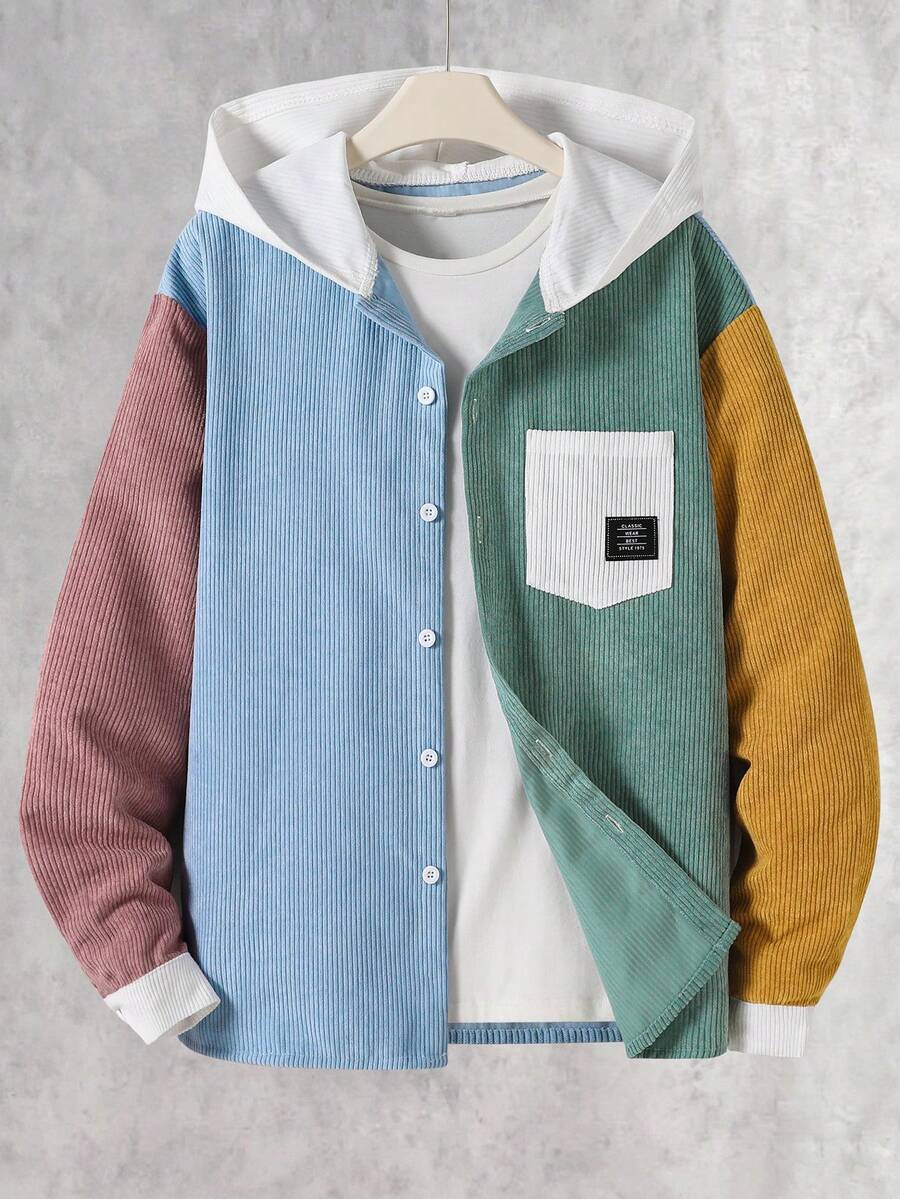Vacaura 1pc Boys' Teenager Multi-Color Fashion Hooded Open Front Long Sleeve Shirt, Multi-Color Patchwork Design, Comfortable Fabric, Slim Fit, New Autumn Style, Suitable For Multiple Occasions - Multicolor - View 1