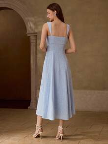 MOTF PREMIUM WOMEN'S SUMMER ELEGANT VACATION SOLID COLOR JACQUARD WAIST-DEFINING SPAGHETTI STRAP DRESS - Blue - View 3