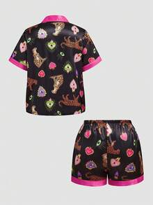 Chillnights Young Fashion 活力愛心豹紋眼對比純色印花翻領開襟大尺碼女款睡衣套裝 - 黑色 - 查看 8